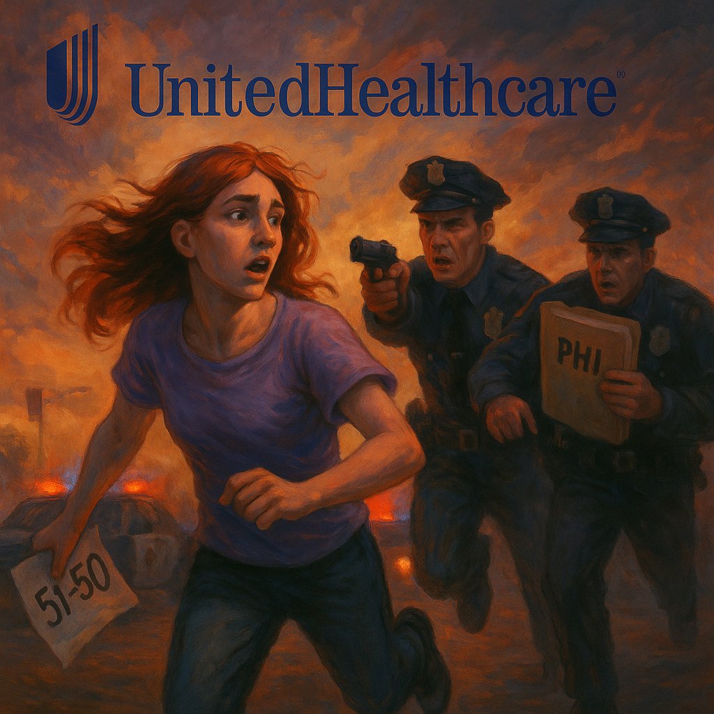 ![Trans woman runs from cops at dusk—one aims a gun, another holds her PHI, a third waves a “5150” paper. UnitedHealthcare logo looms above.](https://administrativeerasure.org/content/images/20250724103844-A_digital_painting_web_optimized.jpg)